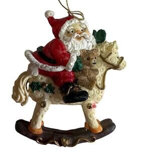 Resin Santa on Rocking Horse w/ Teddy Bear Christmas Tree Ornament 4" High